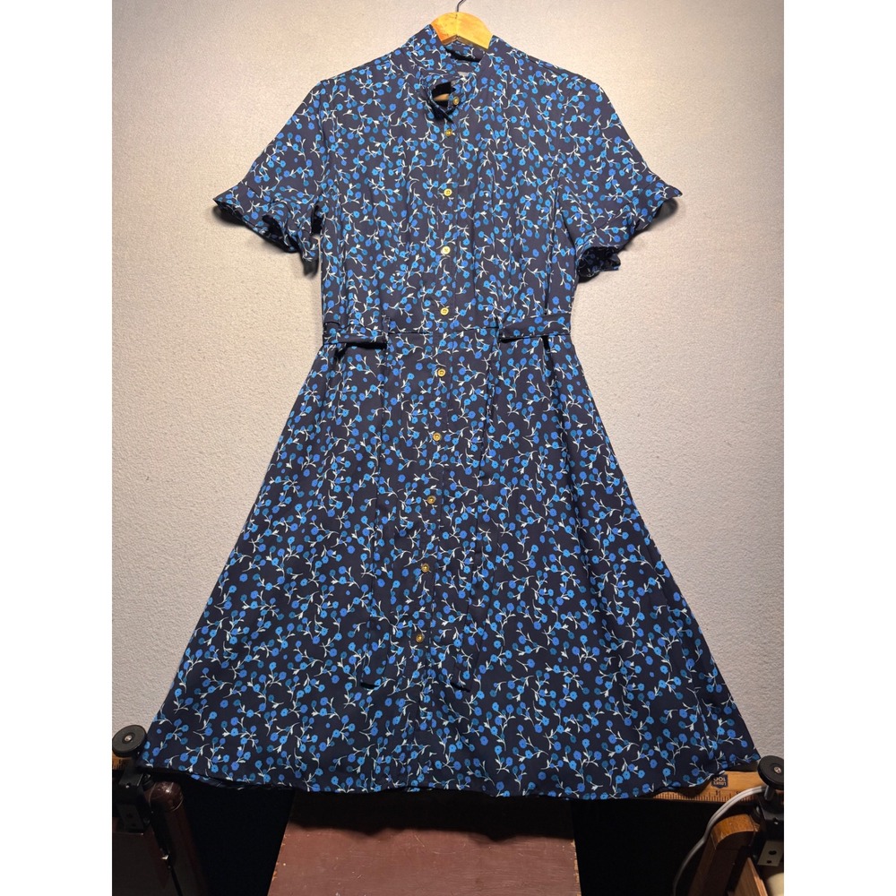 Sharagano Navy Blue Floral Button Front Midi Shirt Dress Ruffle Sleeve Size 10
